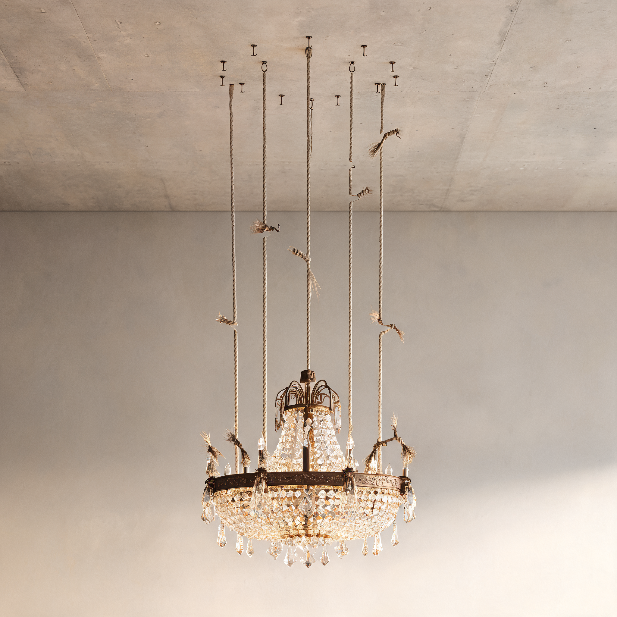 A chandelier hanging level although several of the ropes holding it have snapped