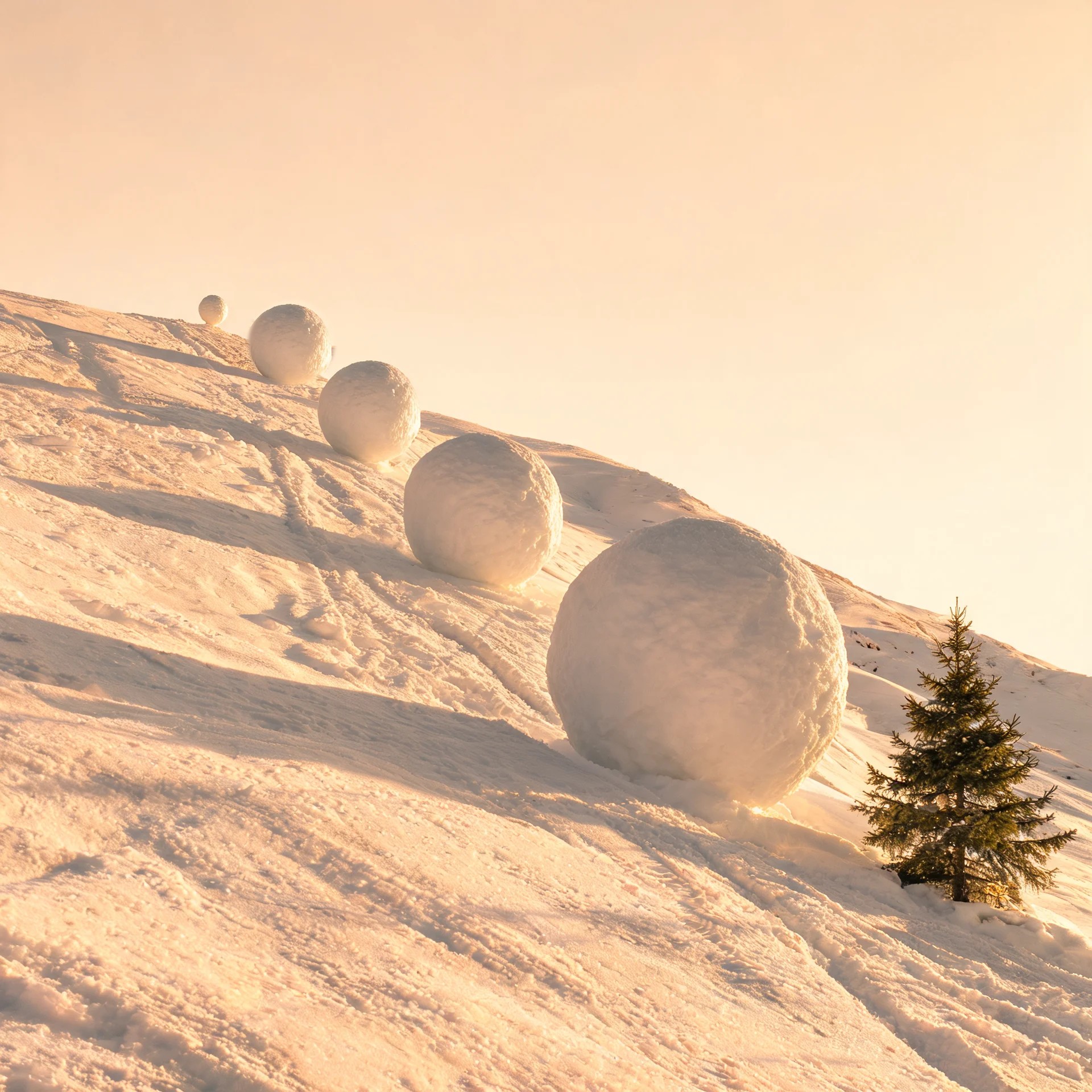 Five snowballs rolling down a slope, each far larger than the one before