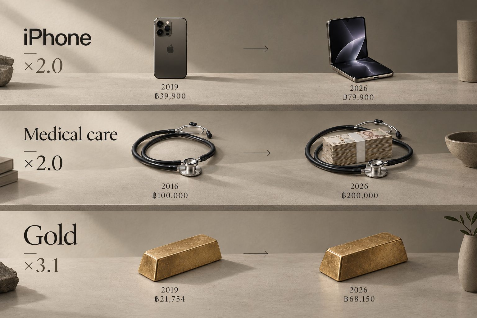 Prices then and now. Top iPhone: ฿39,900 in 2019 to ฿79,900 in 2026, times 2.0. Medical care: ฿100,000 in 2016 to ฿200,000 in 2026, times 2.0. Gold per baht: ฿21,754 in 2019 to ฿68,150 in 2026, times 3.1.